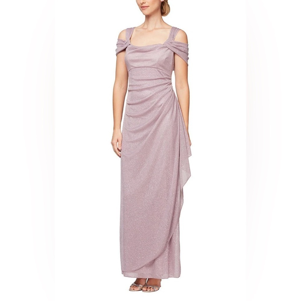 Alex Evenings Dusty Lavender Cold-Shoulder Ruched Evening Gown